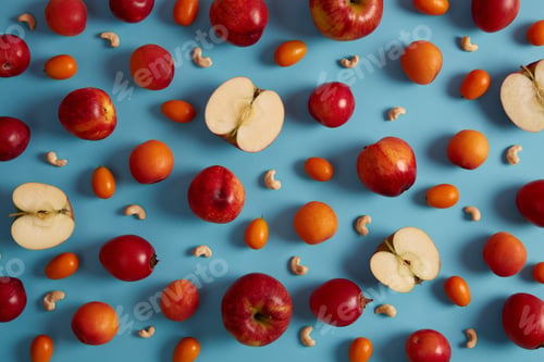 Preview: Above shot of red ripe apples, peaches, tomarillo, cumquat and nutrient cashew nuts on blue backgrou