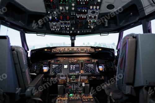 Preview: Nobody in empty airplane cockpit with dashboard command