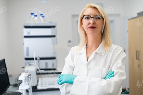 Preview: Portrait of a senior research scientist in front of HPLC chromatograph in chemical laboratory
