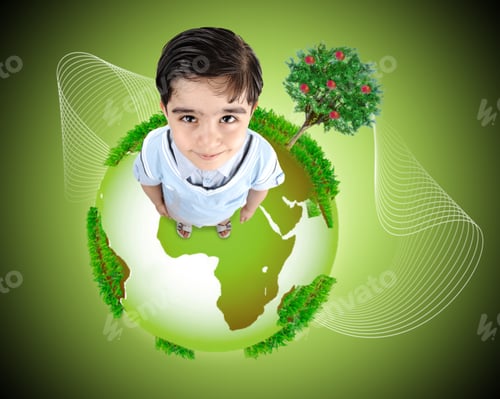 Preview: Kid Standing On Planet Earth. Concept, Photo And Illustration.