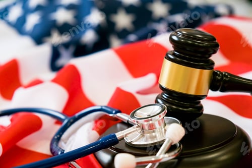 Preview: Gavel and stethoscope on national flag of USA. Forensic medicine concept.
