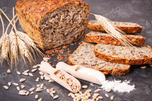 Preview: Wholegrain bread, ingredients for baking and ears of rye or wheat grain