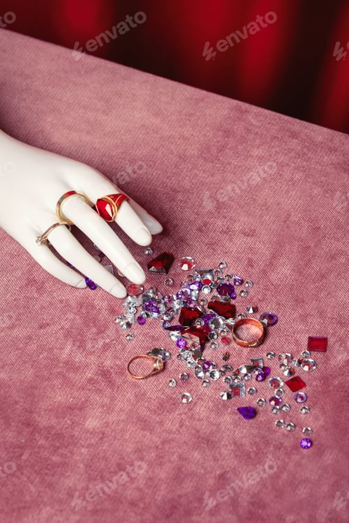 Preview: mannequin hand with rings on table near red curtains