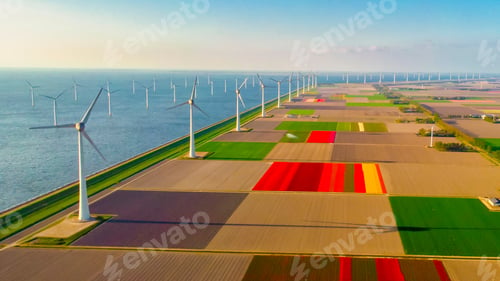 Preview: windmill park with a blue sky on a sunny day in the Netherlands, biggest windmill park in the ocean