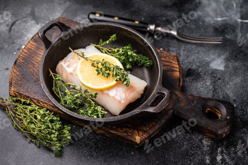 Preview: Raw cod fish fillets, whitefish without skin in skillet. black background. top view