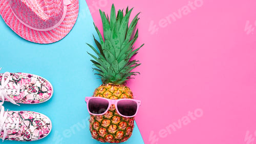 Preview: Summer Fashion hipster Pineapple. Accessories minimal look on vivid background. Trendy party fashion