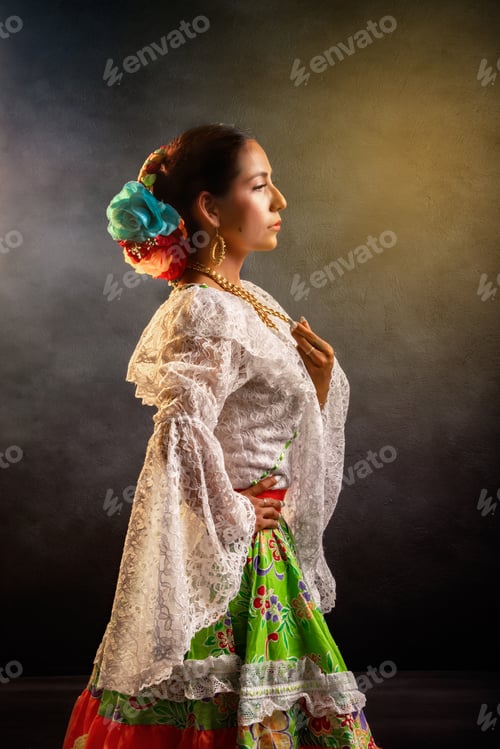 Preview: A woman in a white dress with a blue flower in her hair