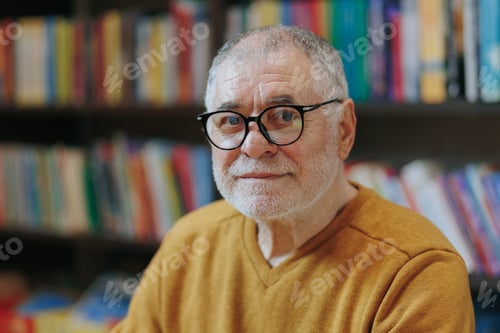 Preview: Intellectual Perspective Front View Portrait of Aged Man in Library