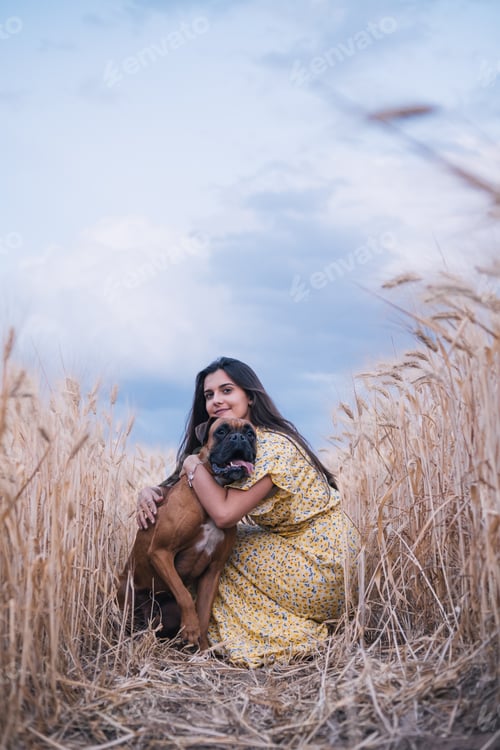 Preview: Portrait of a young woman hugging her dog in the middle of a wheat field. Nature and animals concept
