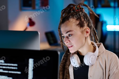 Preview: Young businesswoman with dreadlocks sitting in front of computer