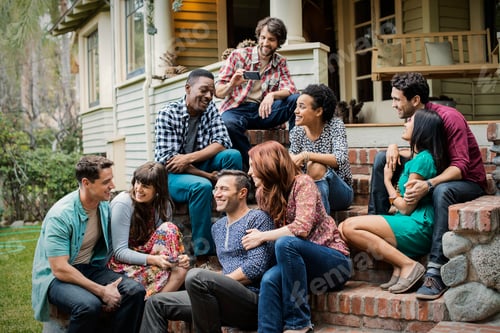 Preview: A group of friends sitting on the steps of a house porch, talking and laughing.