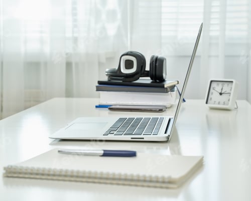 Preview: Freelance Desk with laptop. Distance education. Quarantine, self-isolation, sociophobia. E-learning