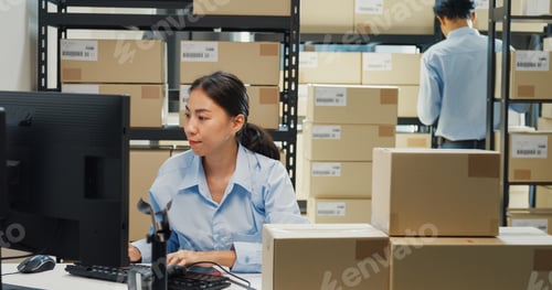Preview: Girl and man partner use barcode machine scan record customer online data in cardboard box.