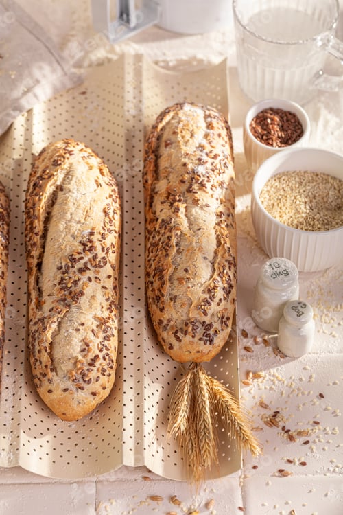 Preview: Homemade wholegrain baguettes in a rustic home bakery.
