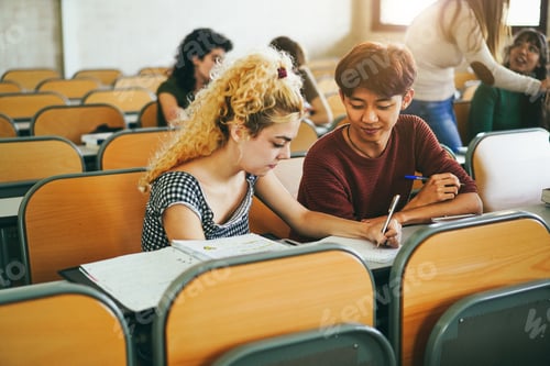 Preview: Young multiethnic students working together inside classroom at school university