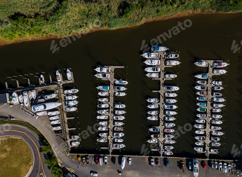 Aerial View of Boats Docked at Marina