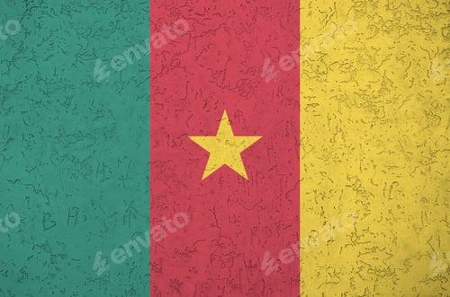 Preview: Cameroon flag depicted in bright paint colors on old relief plastering wall close up