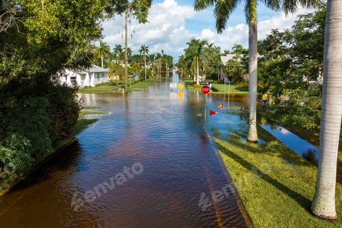 Preview: Street under water warning sign.