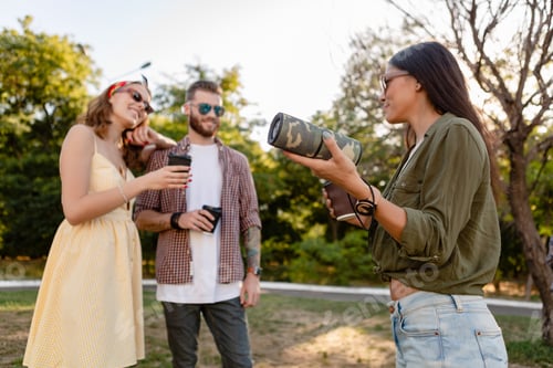 Visualização: companhia de amigos se divertindo juntos no parque ouvindo música