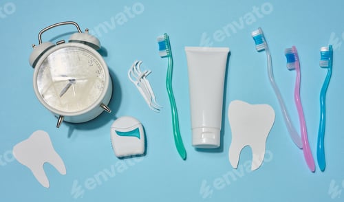 Preview: Set of items for oral hygiene, white tube of toothpaste, toothbrushes, dental floss