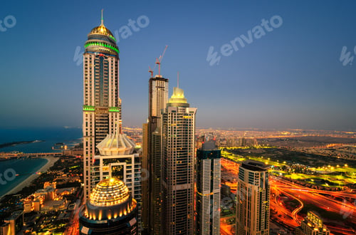 Preview: Colorful dubai marina skyline during sunset. Dubai marina, United Arab Emirates.