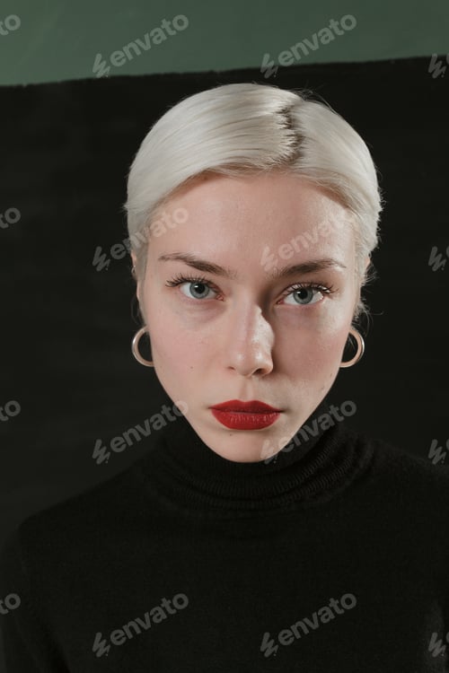Preview: Beautiful Emotional Girl With White Hair On A Black Background