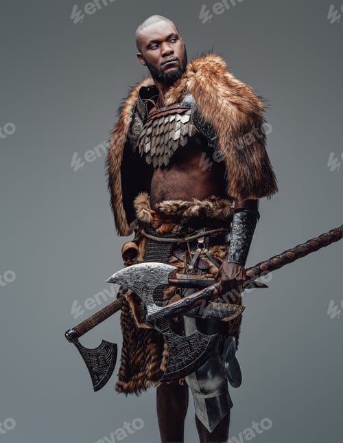 Preview: Portrait of a black skinned wild man with two huge axes in gray background