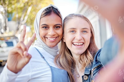Preview: Selfie, peace sign and couple of friends with social media post, profile picture and gen z portrait