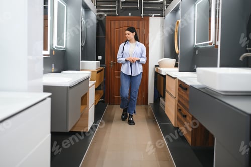Preview: beautiful young woman in a furniture store looks at the furniture in the bathroom