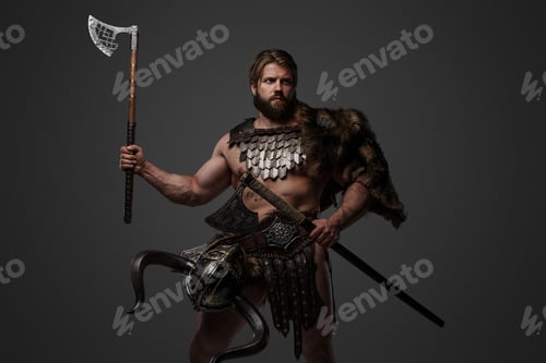 Preview: A fierce bearded Viking warrior in fur and light armor