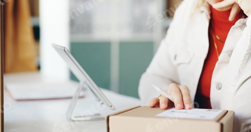 Preview: Hands, business and woman with box, writing and parcel with delivery, industry and entrepreneur. Cl