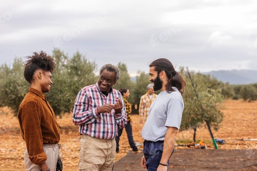 Preview: Multiracial farmers discussing during olive harvest in orchard