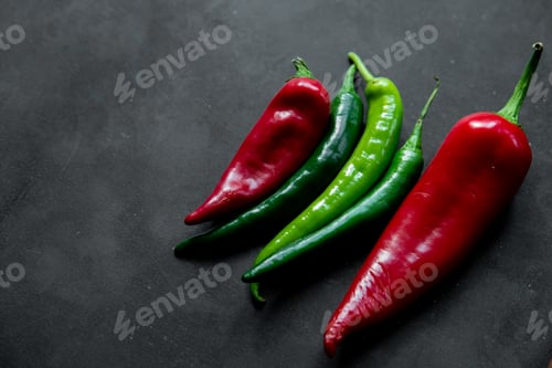 Preview: side view of peppers on right side on black background with copy space