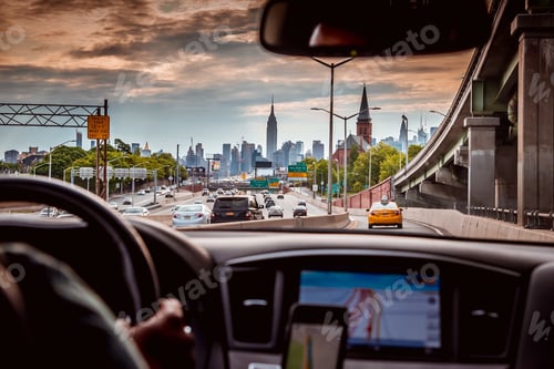 Preview: View of Empire State Building and Manhattan skyline from a Uber car.