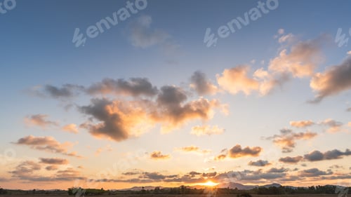 Preview: Sunset sky over hill countryside in the evening, Horizon sunny Summer sky landscape orange sunlight