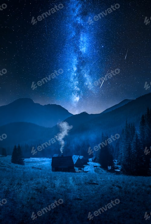 Preview: Milky way over valley Chocholowska with cottage in Tatras, Poland