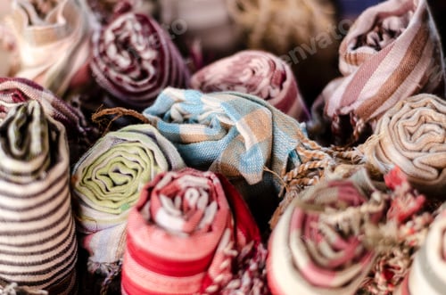 Preview: mixed traditional krama cotton scarves on display in cambodia