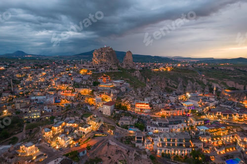 Preview: Cappadocia and uchisar castle during sunset with dramatic clouds panorama