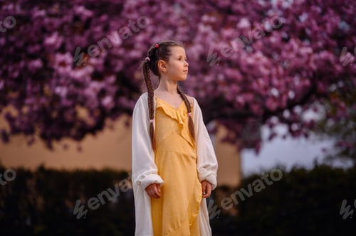 Preview: Little preschooler girl in yellow dress, white cardigan with long hair stand before pink sakura tree