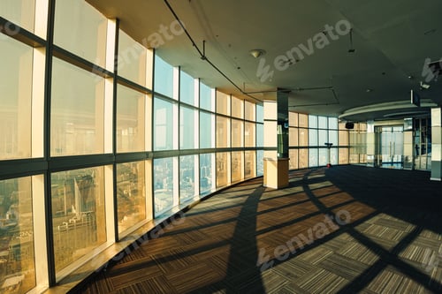 Preview: Modern futuristic observation deck with geometric pattern and symmetry glass windows at Bangkok