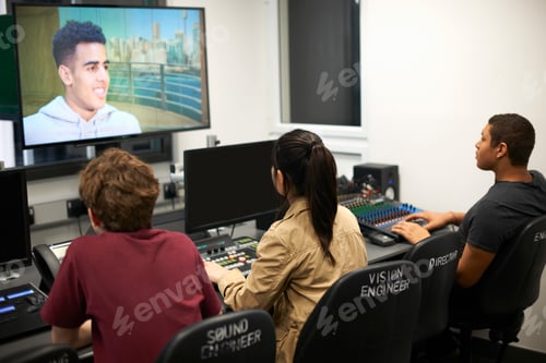 Preview: Young male and female college students at mixing desk watching TV screen