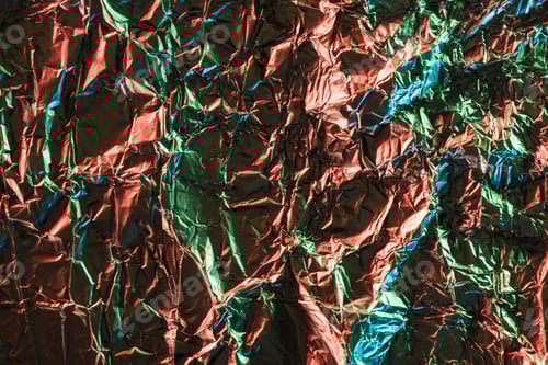 Preview: top view of glossy crumpled foil with colorful lighting reflection