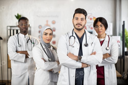Preview: Team of multiracial doctors with crossed arms posing indoors