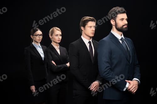 Preview: side view of business people standing in row isolated on black