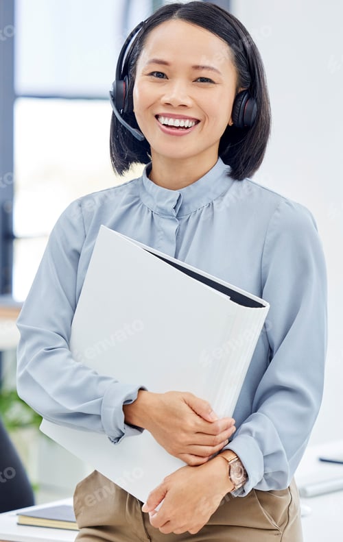 Preview: Portrait, portfolio or happy manager in a call center with a smile or file documents in customer se