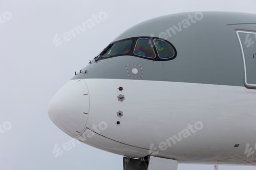 Preview: Airplane cockpit close-up. Windshield. Pilot seat. Plane
