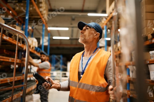 Preview: Mature worker scanning packages while working at distribution warehouse.