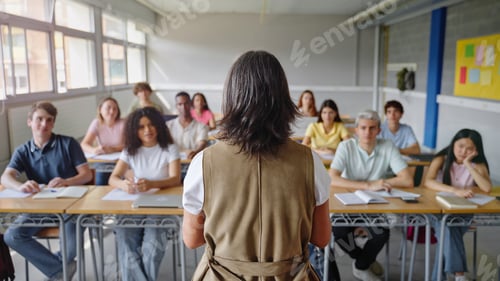 Preview: College students listening to mature woman teacher explaining lecture at High School