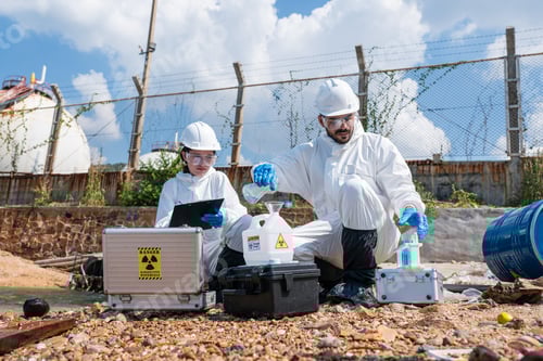 Preview: Scientists biologists taking water samples from waste water from industrial.