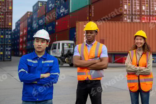 Preview: Group of engineer worker and manager standing in the shipping yard container.